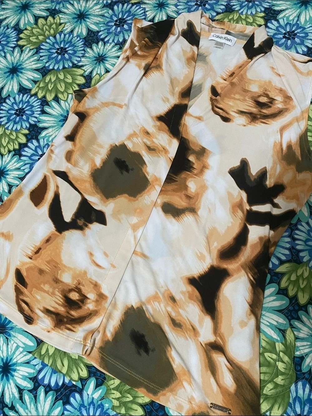 Calvin Klein Abstract Print Blouse in Brown & White